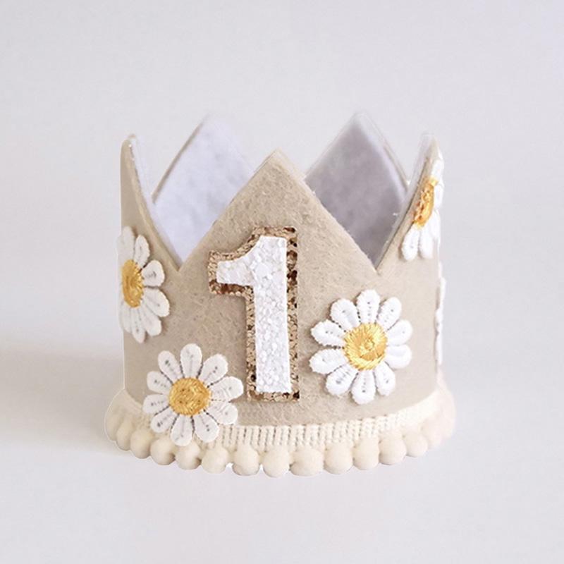 1pc Daisy Pattern Pink Crown Hat 2025 Princess Baby 1st Happy Birthday Photography Props Shower Decorative Party Product