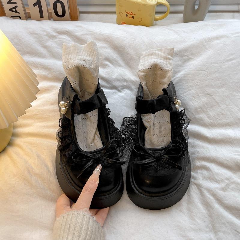 Britischer Stil Vintage Damen Mary Jane Schuhe Schlichter Schmetterlingsknoten Einzelne Schuhe Damen Höhensteigerung Kleid Leder Pumps