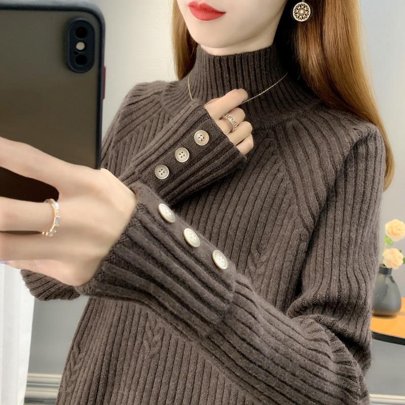 Women's Semi High Neck Sweater Women's Base Sweater Loose Thick Short Knit Sweater