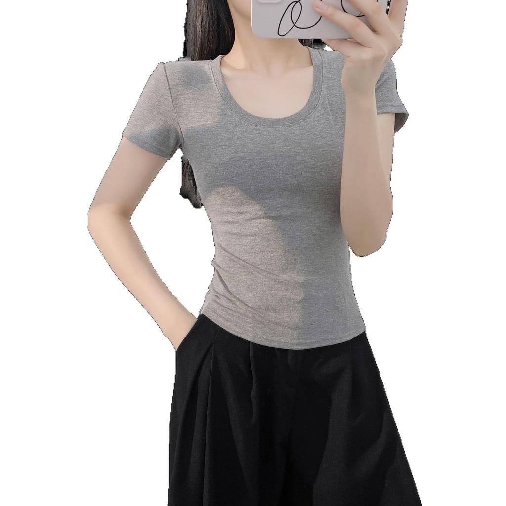 Women's Summer Slim Fit Pink U-Neck T-Shirt - Versatile & Stylish Short Sleeve Top
