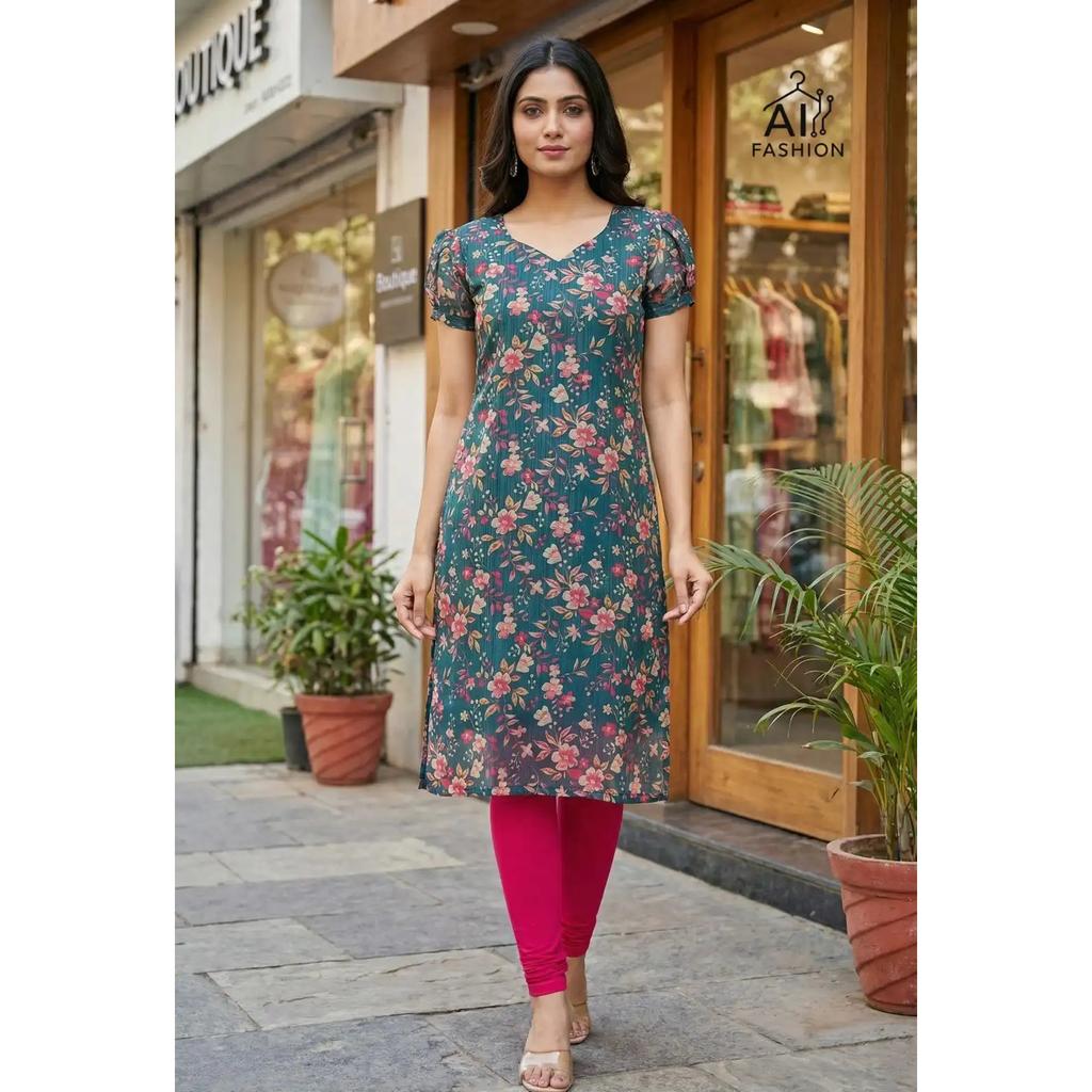 Floral Printed Simmer Silk Kurta Indian Women Daily Wear Top Tunic Kurti Dress