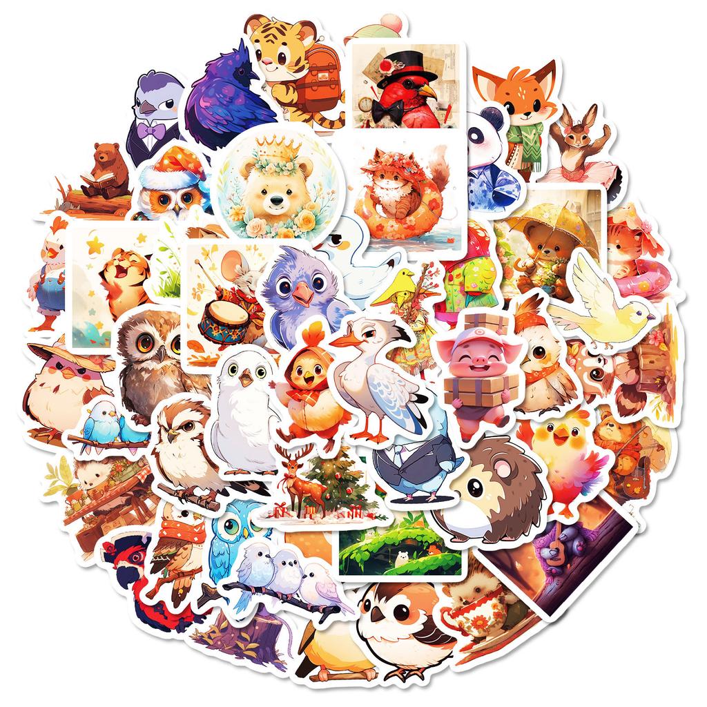 50 Cartoon Fairy Tale Bear Owl Tiger Small Animal Sticker Flat Water Cup Decorative Sticker