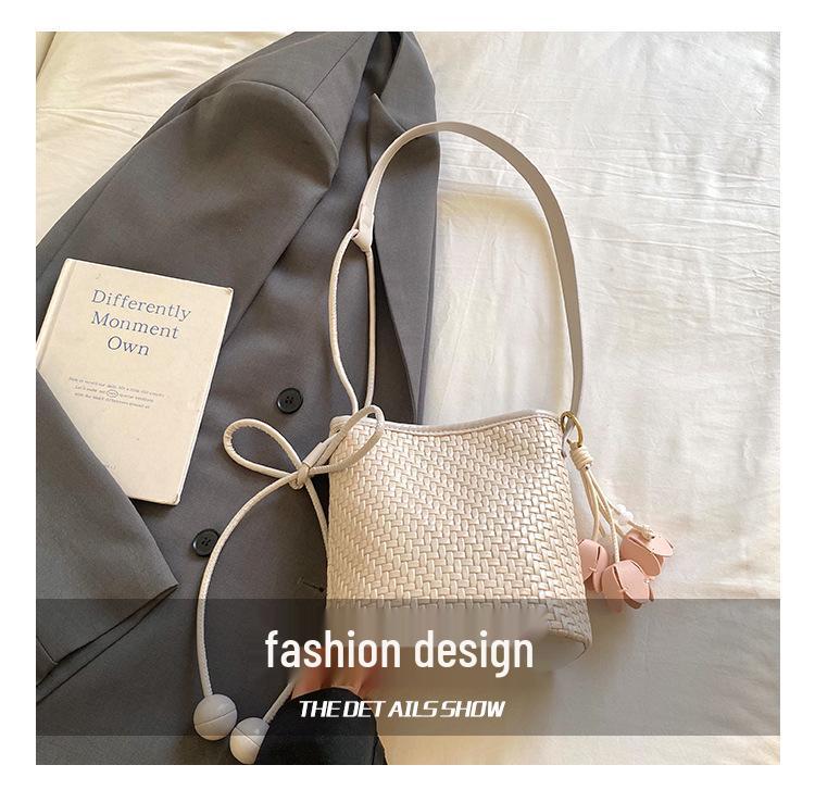 2026 Summer Women's Fashion Single Shoulder Crossbody Bucket Bag - PU Woven Texture, Phone Holder, Ideal for Vacation