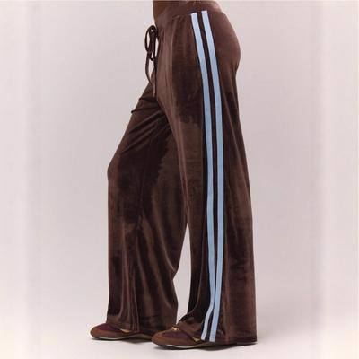 Women's Velvet Wide-Leg Track Pants High Waist Drawstring Trousers with Side Stripes