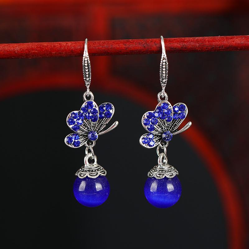 Retro Ethnic Style Butterfly Agate Earrings Women's Long Tassel Temperament Opal Earrings Antique Simple Ear Jewelry