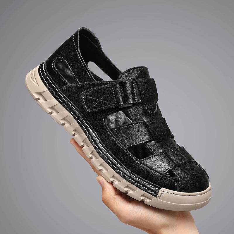 

Brand Leather Sandals Comfortable Summer Breathable Hollow Out Mens Casual Shoes 2025 Trending Man Leather Luxury Beach Sandals 47 чёрный