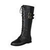 Western cowboy boots European and American belt buckle low heel flat bottom strap high boots fashion boots