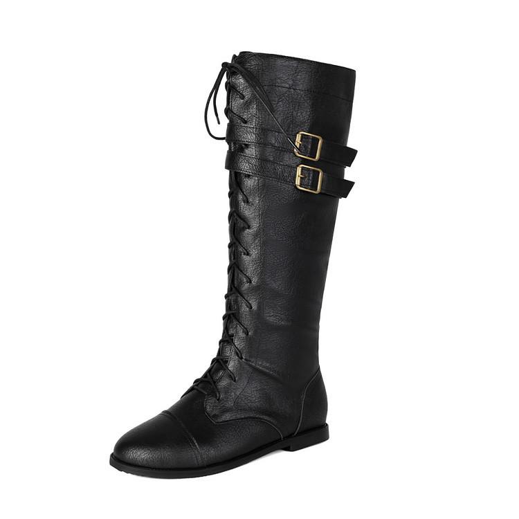 Western cowboy boots European and American belt buckle low heel flat bottom strap high boots fashion boots