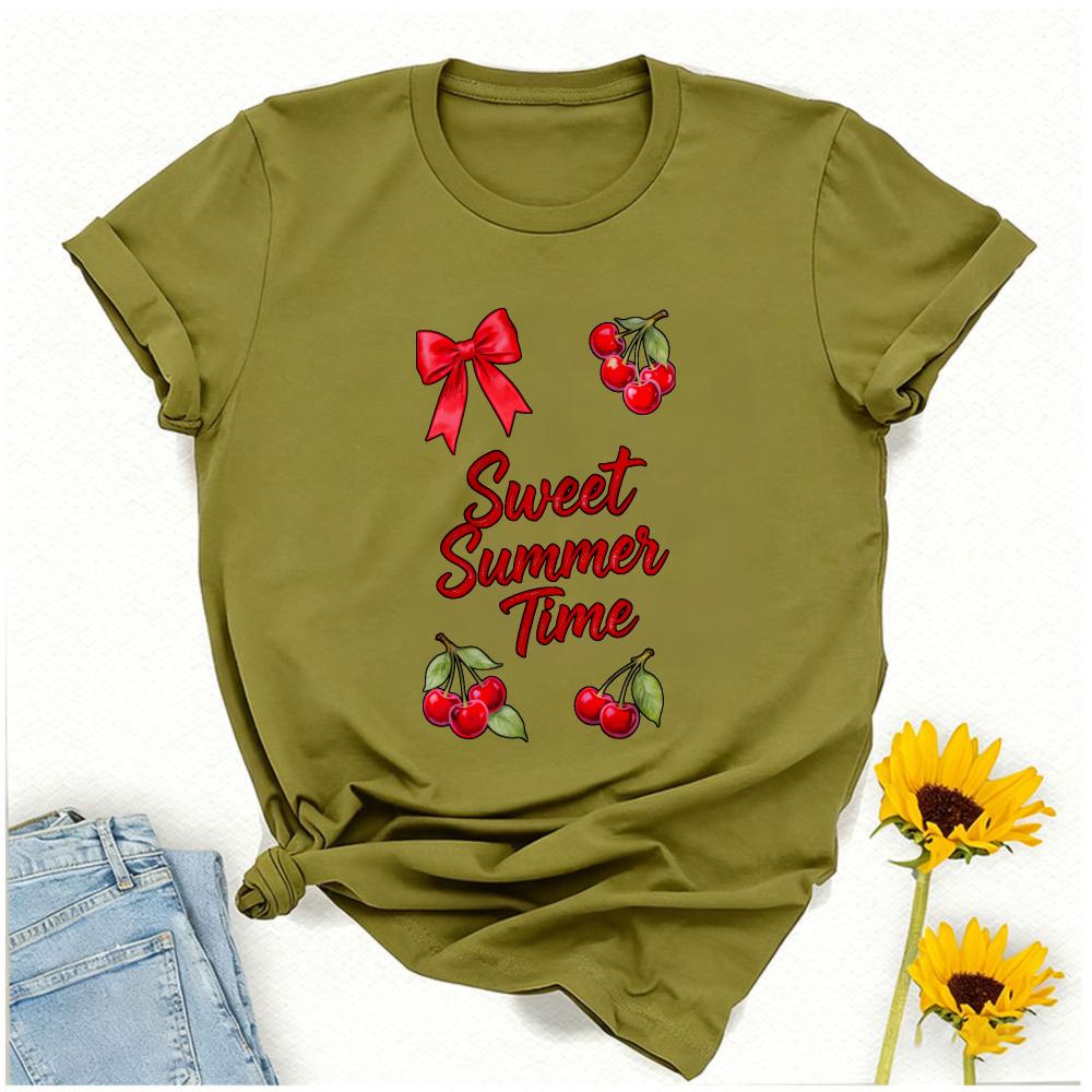 Red Cherry Bow Crew Neck Short Sleeve Tshirt Sweet Summer Time Retro Fruit Design Funny Outdoors High Quality Cotton Shortsleev