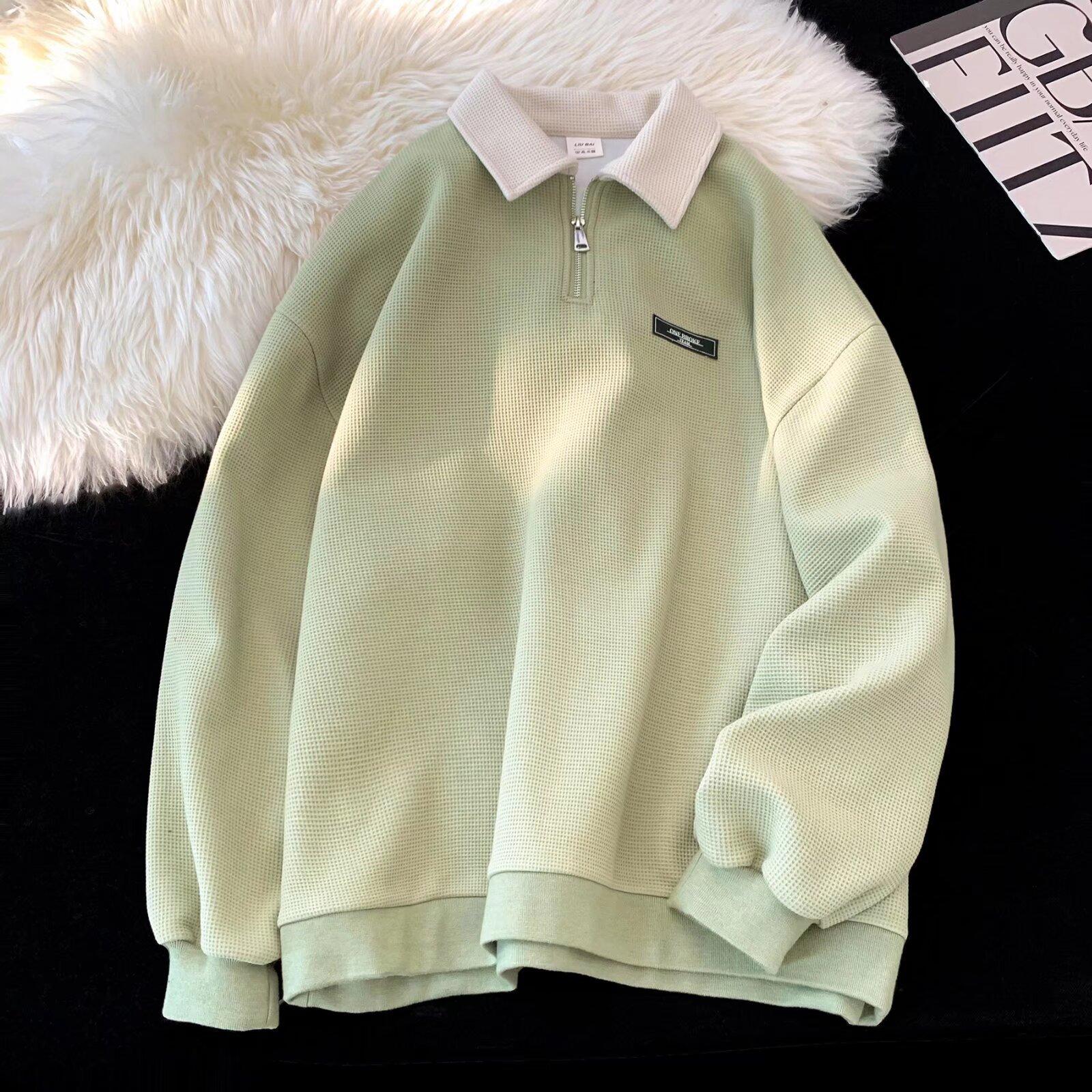 

Men s Retro Contrast Lapel Polo Sweater - Spring and Autumn Casual Loose Fit S зелений