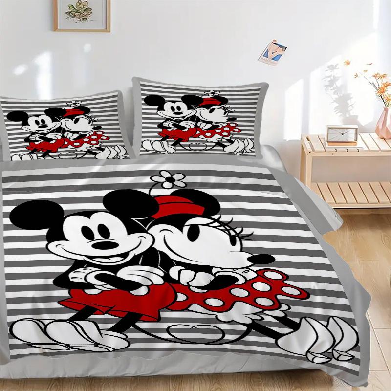 3pcs Gray Striped Minnie Mickey Bedding Set Includes 1 Quilt Cover and 2 Pillowcases, Comfortable Bedding S049