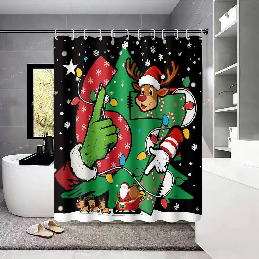 1pc Merry Christmas 67 Element Black Print Waterproof Shower Curtain Partition Privacy Hanging Curtain 12 Hooks Multiple Sizes