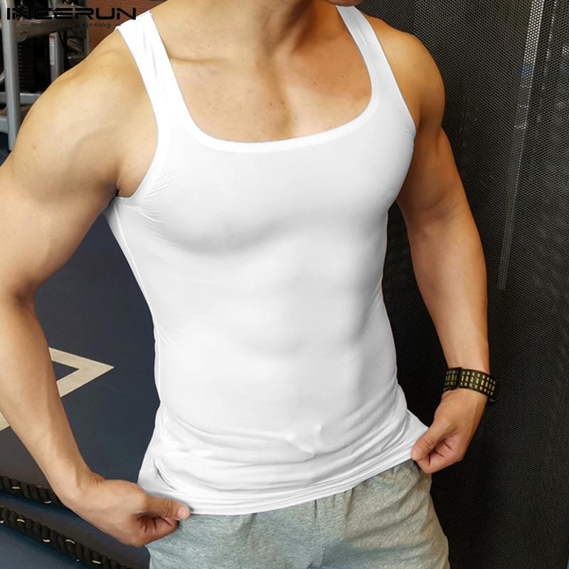 INCERUN Summer Men Sleeveless Semi-Sheer Stretch Skinny Tank Tops Gym Underwear