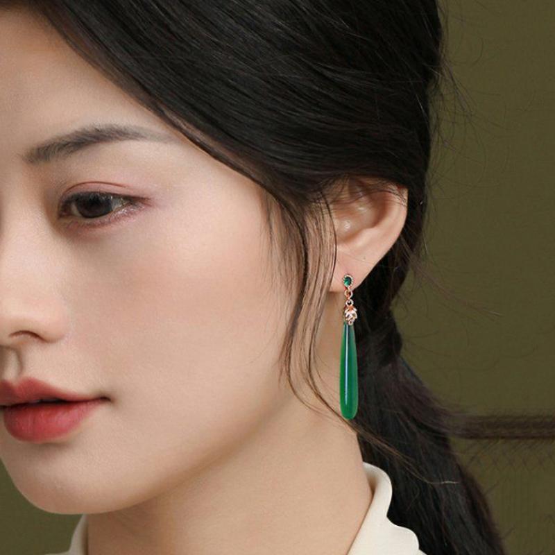 Neue Natürliche Chrysopras Ohrstecker Oval Blattwerk Lange Ohrringe Für Damen Retro-Stil High-End Klassisch Hochzeit Schmuck