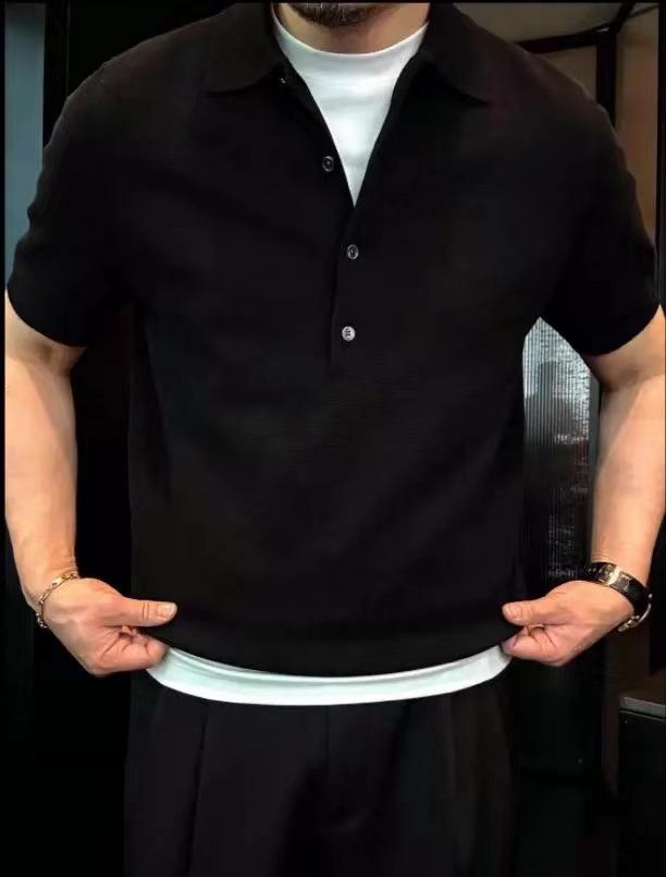 Solid Color Lapel Polo Shirt Men'S Simple Style Slim Fit High-End Short-Sleeved T-Knitted Top