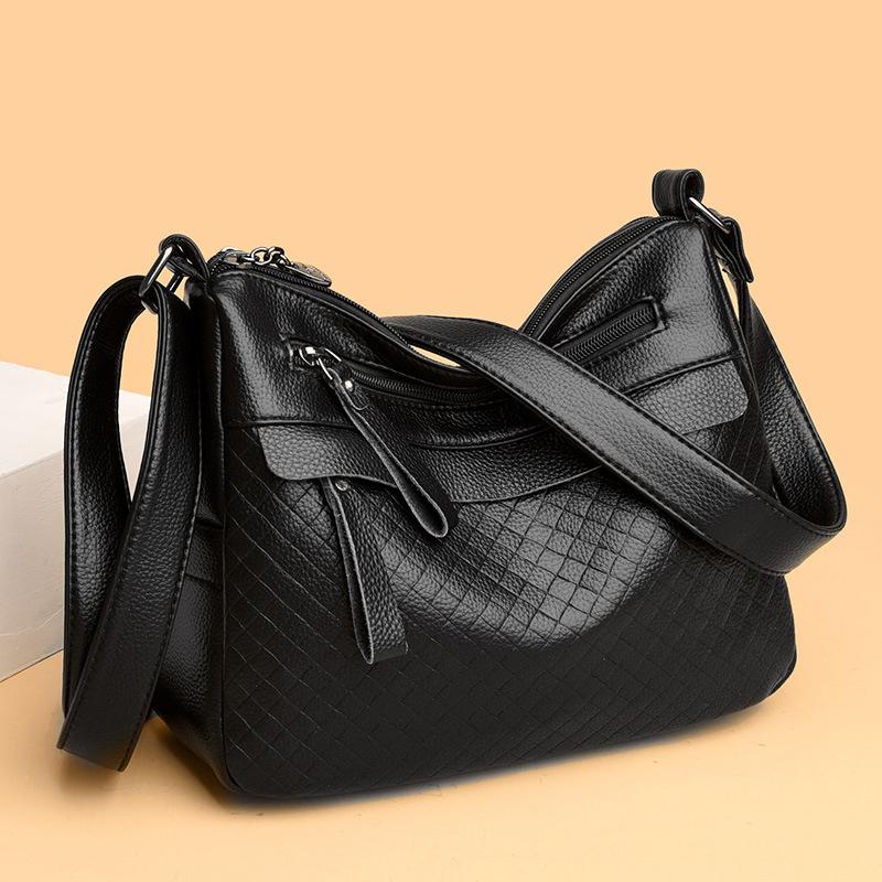 Middle-aged Handbag Embossed Diamond Pattern Shoulder Bag 2025 New Multi-layer Soft Leather Solid Color Large-capacity Multi-pocket Crossbody Bag