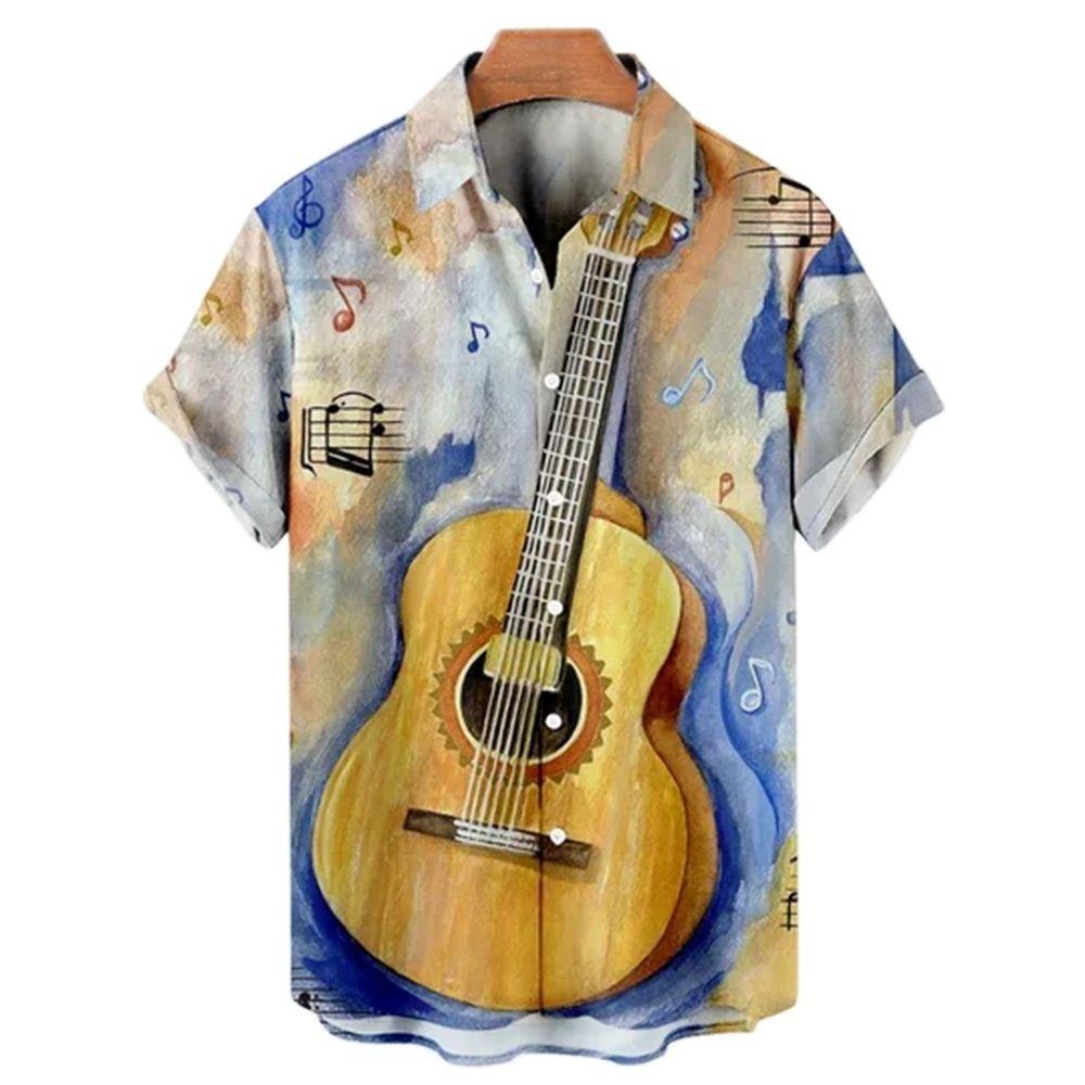 Men's Music Guitar Print Shirts Rock Hip Hop 2025 Men's Clothing Short Sleeve Beach Shirt Outdoor Street Social Vintage Shirt