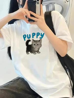 Womens Cute Puppy PUPPY Letter Print with Kittenlike Black Harajuku Sleeve Casual Clothing Street Tops Tees Aesthetic Clothes