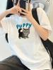 Womens Cute Puppy PUPPY Letter Print with Kittenlike Black Harajuku Sleeve Casual Clothing Street Tops Tees Aesthetic Clothes