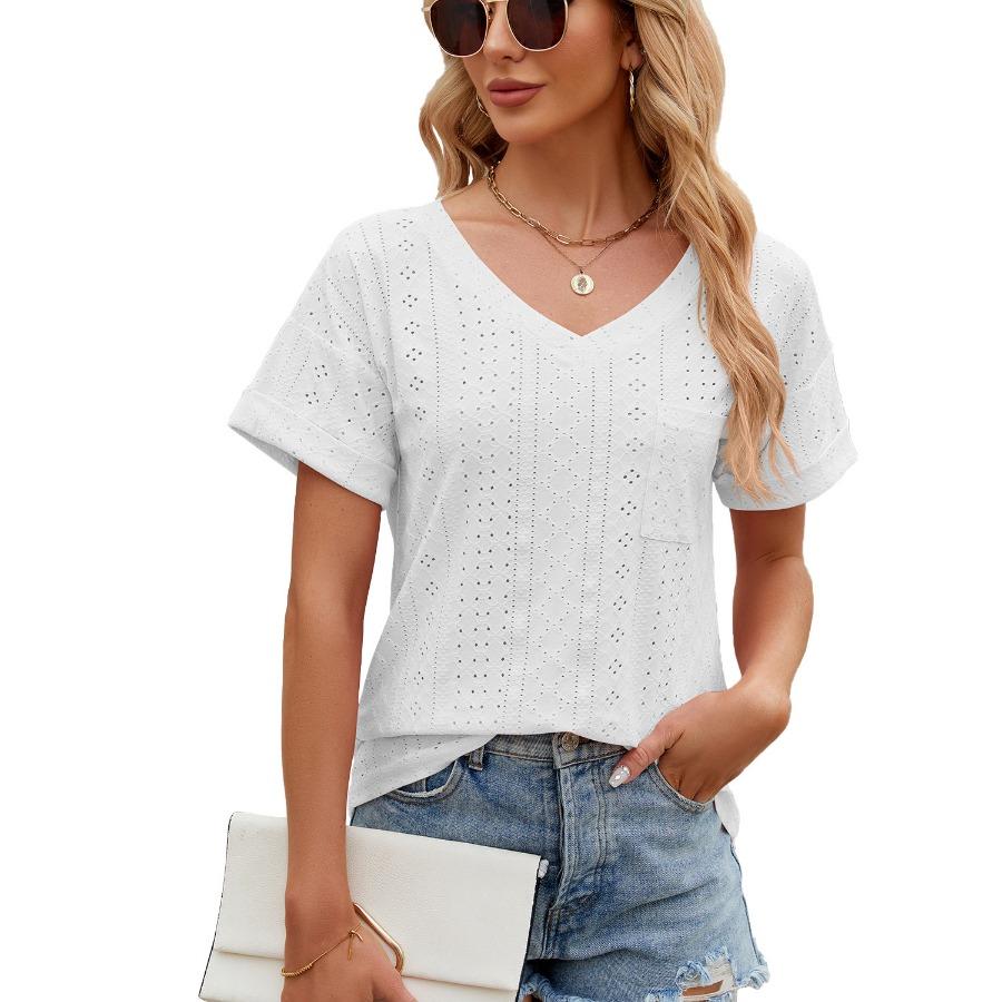 Frühling Sommer Einfarbig Bluse Mode Tasche V-ausschnitt Lose Kurzarm Top für Frauen