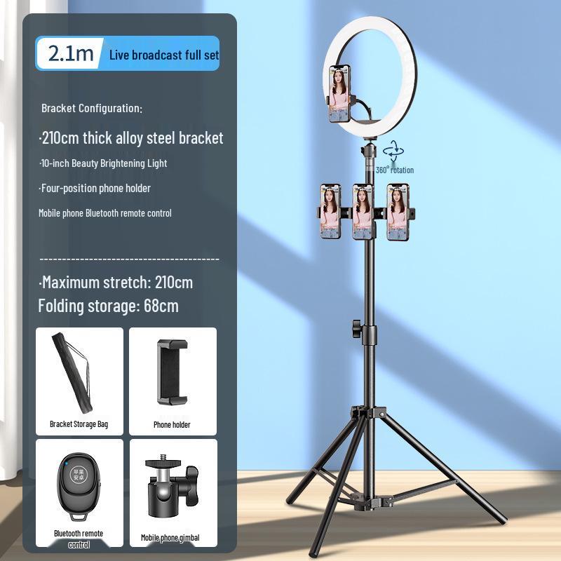 Doldurma Işığı ve Termometreli Bluetooth Tripod - Canlı Yayın ve Fotoğrafçılık İçin Yere Basan, Teleskopik Cep Telefonu Tutucu