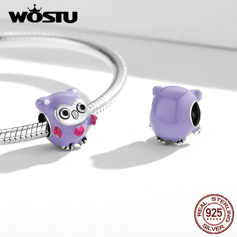 WOSTU Enamel Cartoon Purple Owl 925 Sterling Silver Charm Beads fit Bracelet Bangle Fine Jewelry