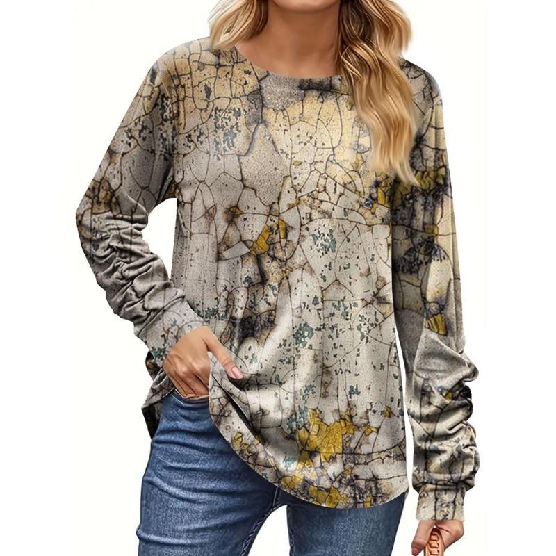 Dámské 3D tričko s potiskem suchého listí, módní tričko s dlouhým rukávem a kulatým výstřihem, běžný top, sváteční víkend, jaro a podzim