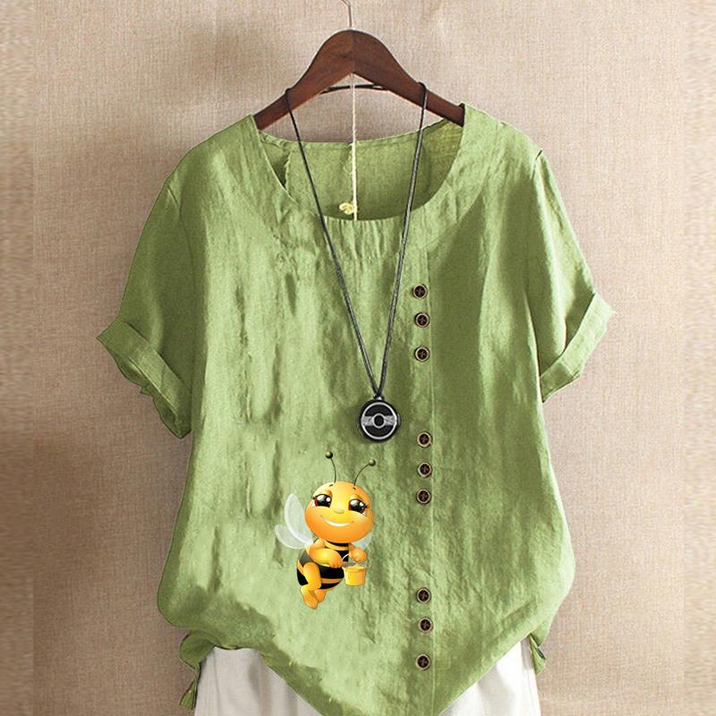 Damenmode T-Shirt mit Honigbienen-Print, Rundhalsausschnitt, kurzärmelig, lässig, Baumwolle, Leinen, Grafik, Freizeit, lockere Sommerbluse