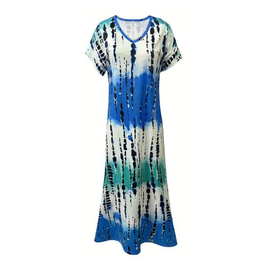 Dámské letní šaty s výstřihem do V, krátkým rukávem, designem s bočním rozparkem, maxi šaty s potiskem tie-dye, volného střihu, ležérní šaty
