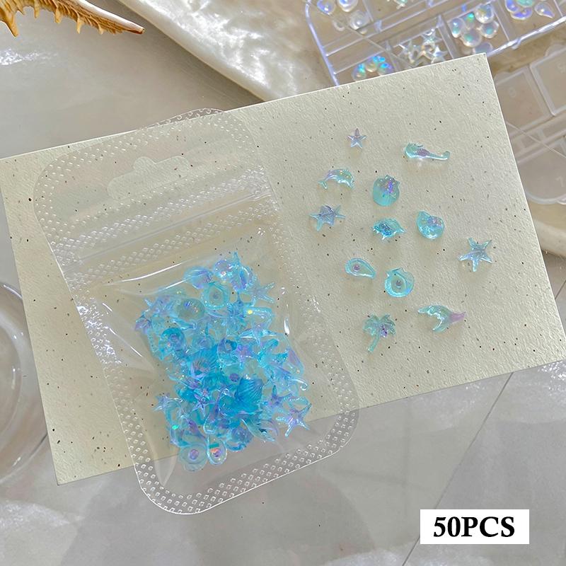 50Pcs Ocean Nail Art Charms Aurora Shell Starfish Mermaid Tail Nail Art Decors Gem Beach  Ice Clear Nail Decorations