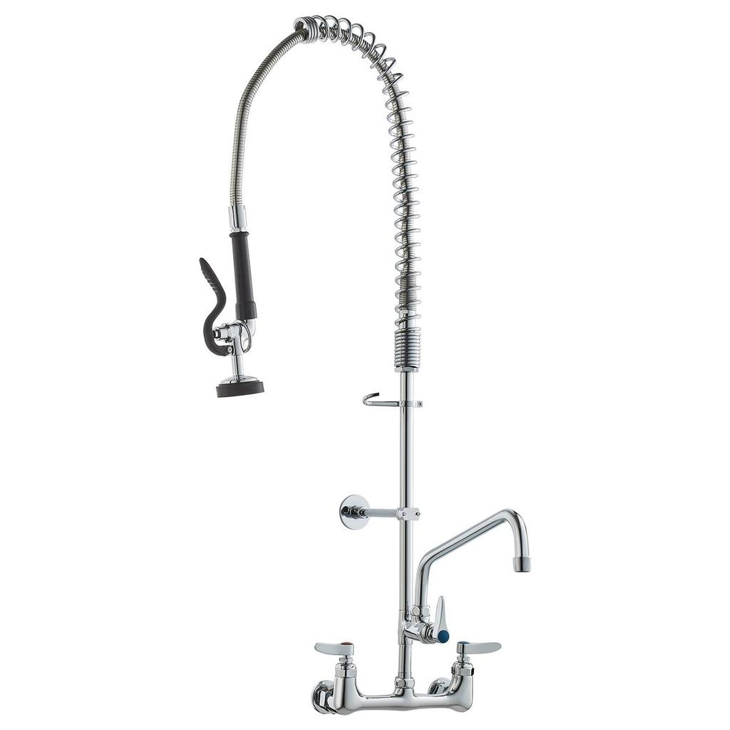 Commercial Faucet with Pre-Rinse Sprayer, 36" Height, 8" Center, 12" Swing Spout, Wall Mount Kitchen Sink Faucet, Brass Constructed Device with Pull