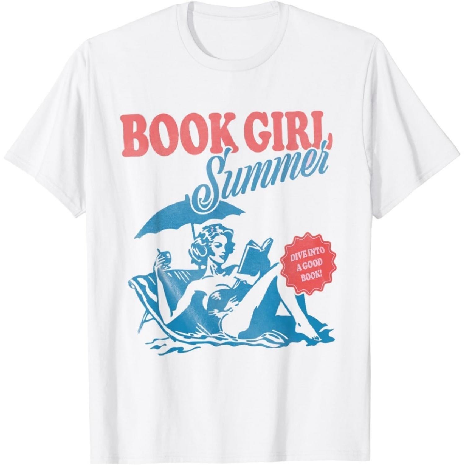 Pinchchoo Women Retro Book Girl Summer Bookish Vacation Funny Reader T-Shirt XXXXXL белый