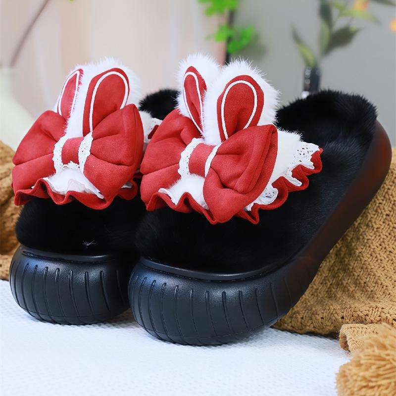 New Pink Bunny Ears Platform Slipper Women'S Chunky Clogs Shoes Home Lolita Slippers Woman Warm Plush House Shoes Rabbit Sliper