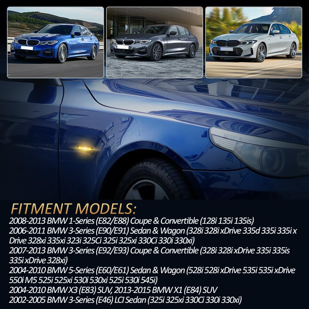 D-Lumina Sequential Amber LED Side Marker Lights Turn Signal Lamp Assembly for BMW E90 E91 E92 E93 E46 E53 E60 E61 X3 E83 X1 E84 E81 E82 E87 E88 Side