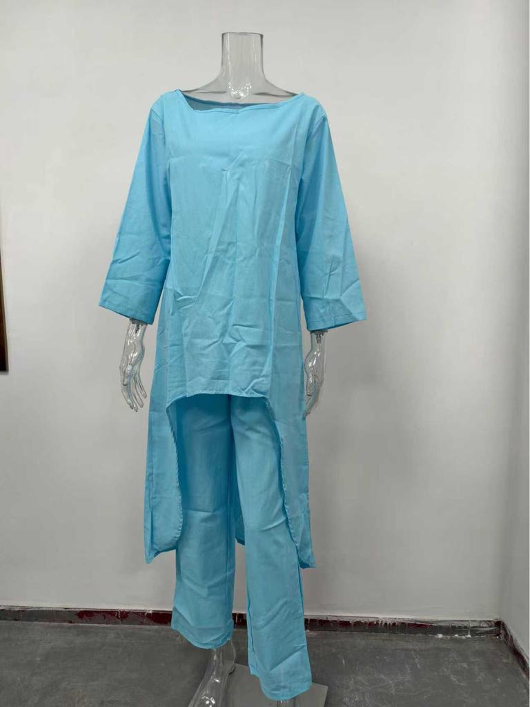 European Women's Cotton Linen Casual Plus Size Irregular Long Sleeve Top and Wide-Leg Pants Set