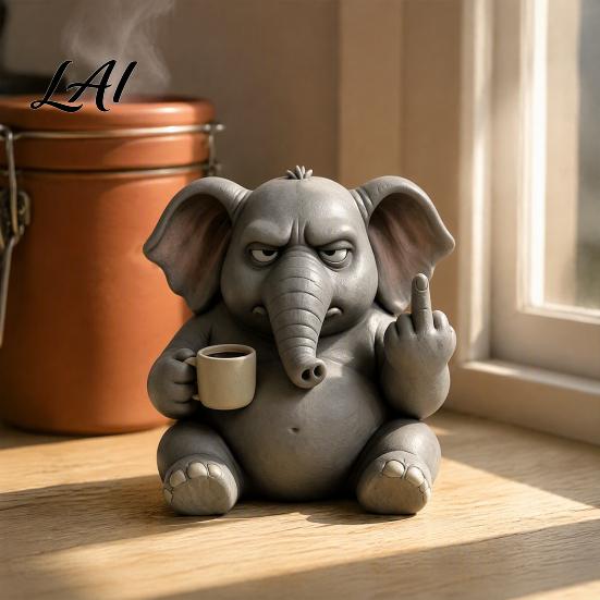 Funny Gorilla Hippo Elephant Figurines Middle‑Finger Figurine with Coffee Cup Resin Animal Statue Novelty Desktop Home Decor for Living