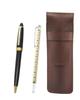 Grained Chocolate Colored Cowhide Leather Pen Case with Slide Measuring Stick and Neo Ballpoint Pen Black D-600 Set, SASTYO-708W-600B-B
