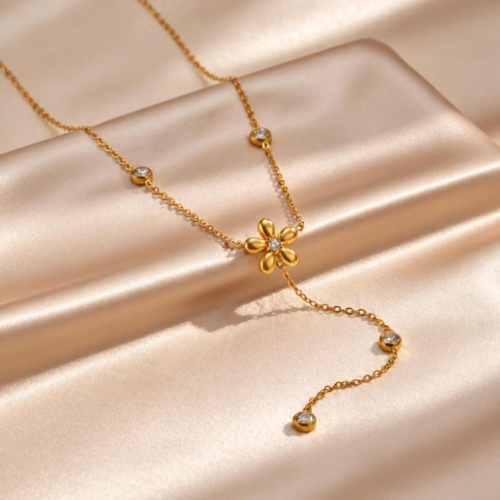 Elegant Y-Shaped Pendant Stainless Steel Necklace for Women Fashion Flower Long Tassel Choker Necklace Luxury Jewelry Party Gift