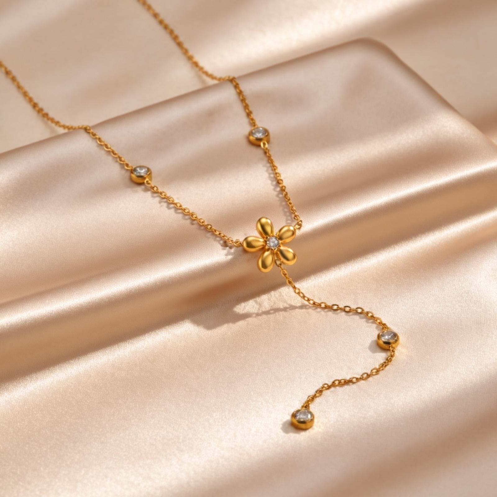 Elegant Y-Shaped Pendant Stainless Steel Necklace for Women Fashion Flower Long Tassel Choker Necklace Luxury Jewelry Party Gift