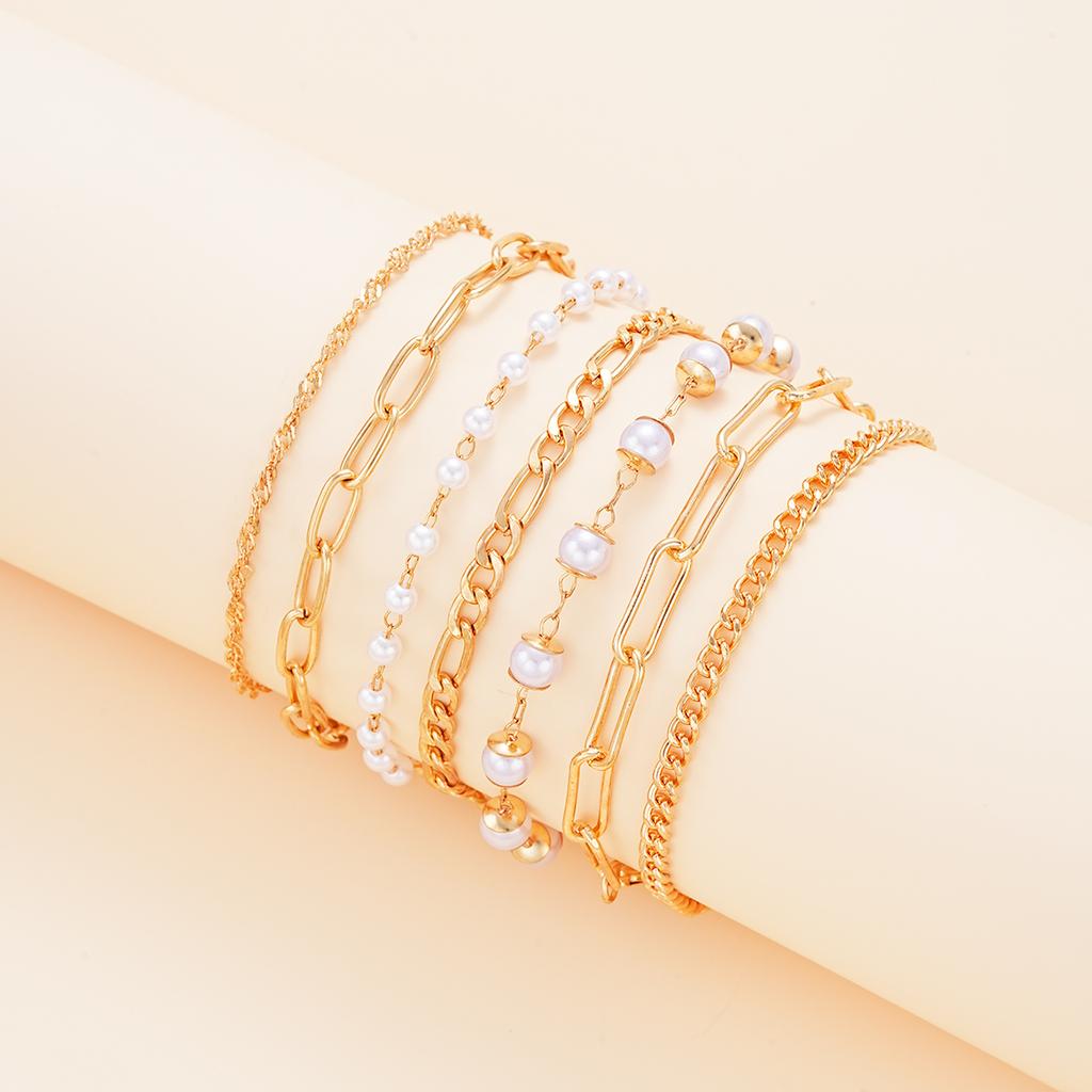 7Pcs/Set Bohemian Bracelet For Women Punk Style Cold Color Pearl Metal Multi-layer Hollow Twisting Snake Chain Simple Jewelry