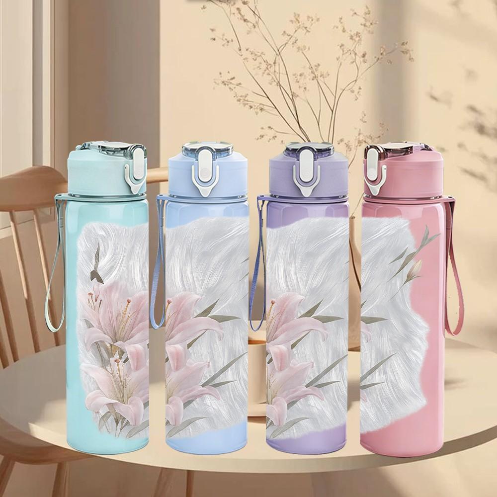 1PC Pale White Lily Flower Art Print 750ml Color Plastic Sports Water Bottle Leakproof Flip Straw Lid Suitable for Sports Office Home Use