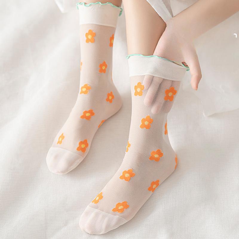 Dünne Strümpfe mit Fruchtdruck und gerollten Kanten für Damen Erdbeere Niedlich Lolita JK Kristallstrümpfe