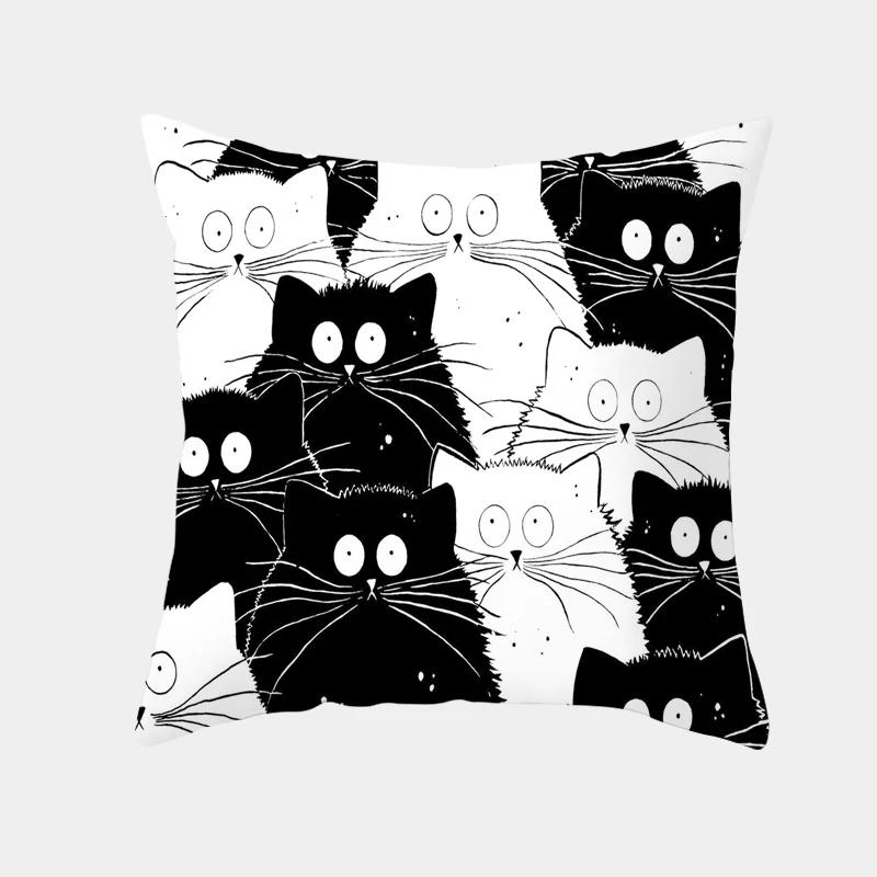 Cute Cartoon Cat Cushion Cover Creative Black White Naughty Cat Pillow Case Home Textiles Decorative Pillow Cover For Sofa