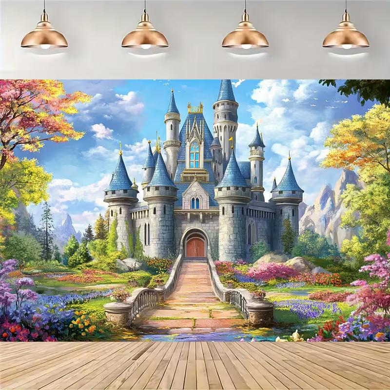 2D Fairy Tale Castle Backdrop Cloth for Princess & Enchanted Party Photo Booth Background