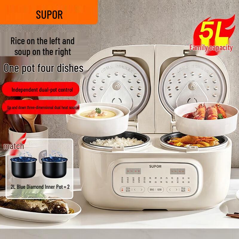 SUPOR 5L Electric Rice Cooker, Dual Pots & Controls