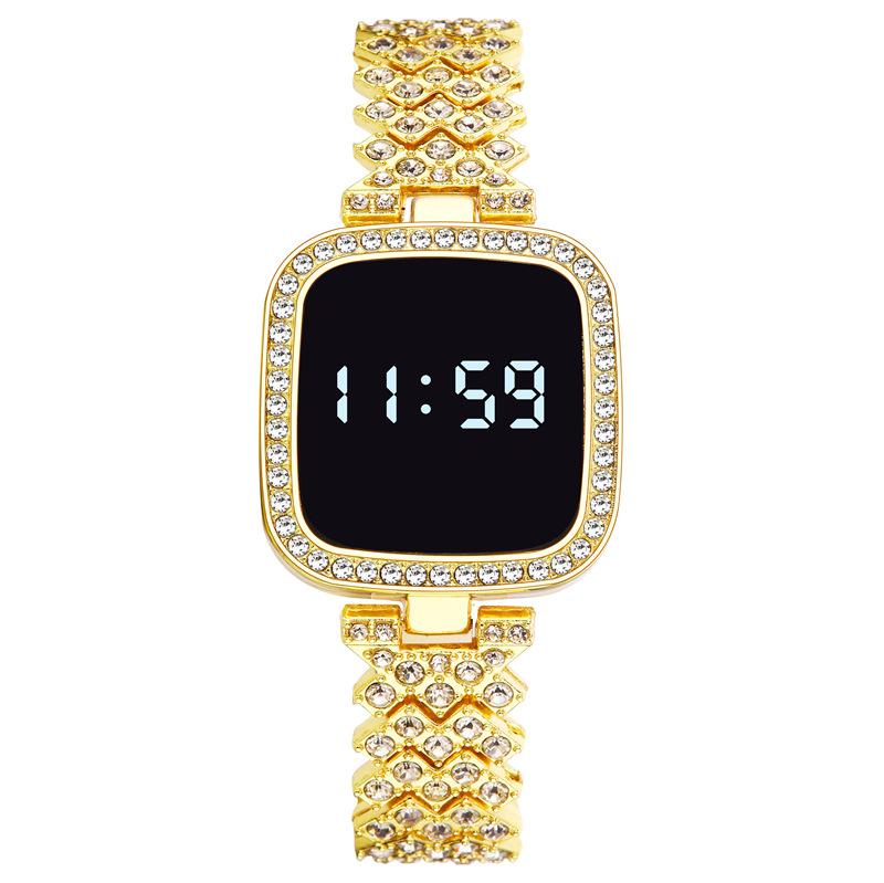 

Женские светодиодные часы со стразами, стальной ремешок, сенсорные наручные часы, спортивные повседневные электронные часы золотой