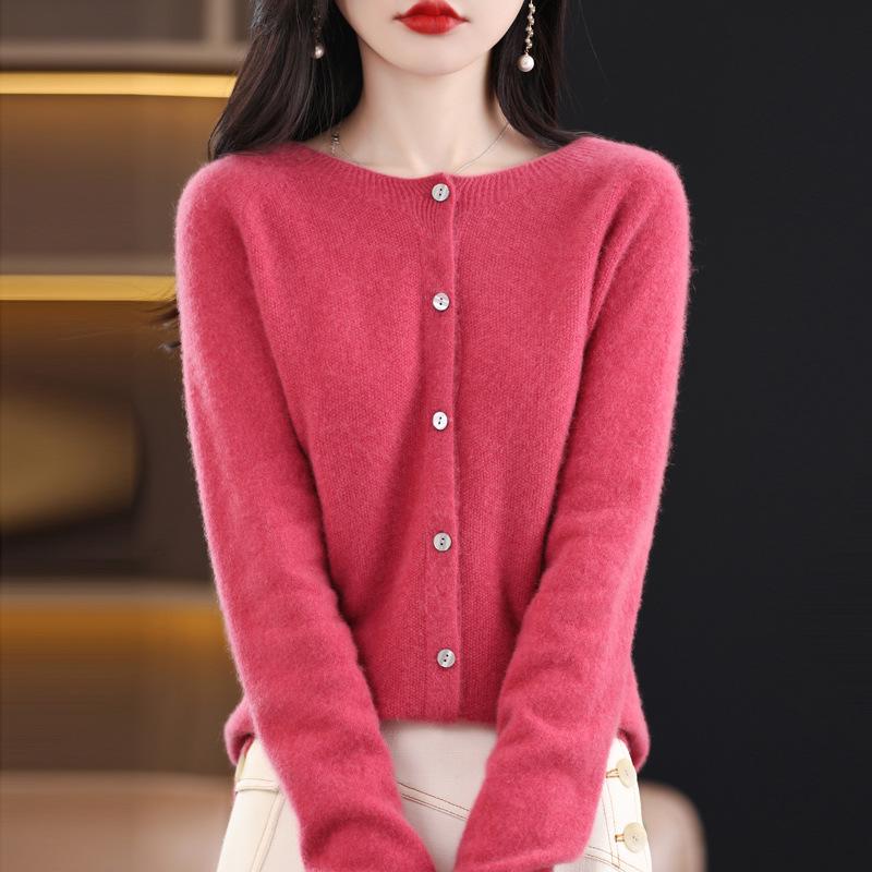 Women's Round Neck Pure Wool Cardigan - Versatile Loose Fit Solid Color Sweater for Spring and Autumn