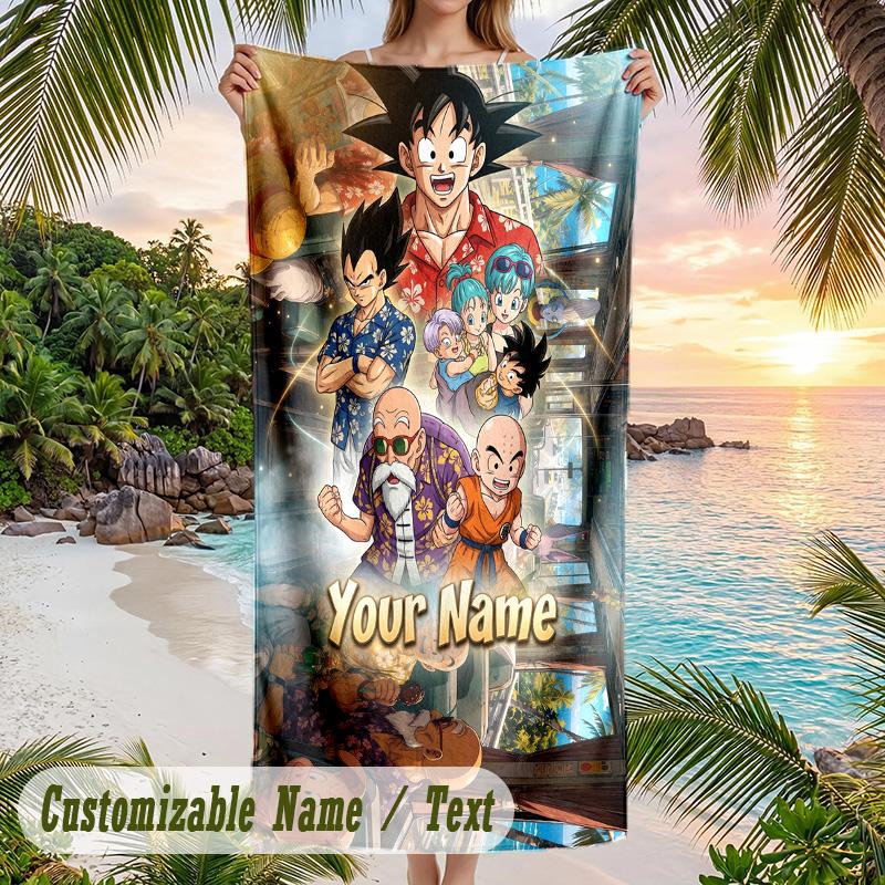 Dragon Ball Beach Towel, Personalized Custom Name Text, Quick Dry Large Absorbent Towel For Beach Pool