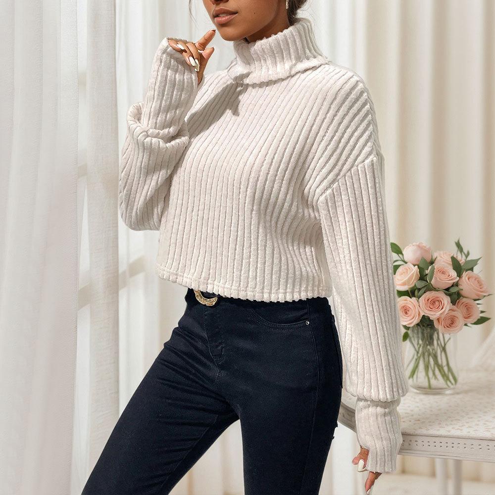 Europe, America Spring and Summer New Solid Color Threaded Knitted Pullover Short Turtleneck Bottoming Shirt Top