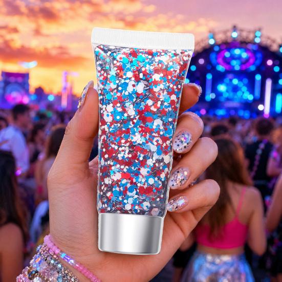 Independence Day Body Glitter Gel, Patriotic Red White Blue Face Hair Glitter, Waterproof Sparkling Makeup Sequins for 4th of July, Holiday Party